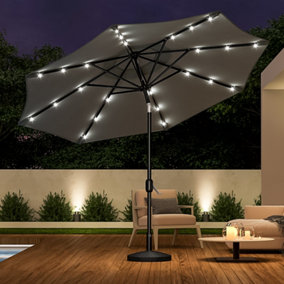 3M Large Garden Solar 24 LED Lights Parasol Outdoor Beach Umbrella Sun Shade Crank Tilt with Round Base, Dark Grey