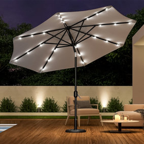 3M Large Garden Solar 24 LED Lights Parasol Outdoor Patio Umbrella Sun Shade Crank Tilt with Vintage Base, Light Grey