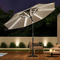 3M Large Garden Solar LED Lights Parasol Outdoor Patio Umbrella Sun Shade Crank Tilt with Round Base, Beige