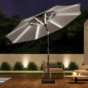 3M Large Garden Solar LED Lights Parasol Outdoor Patio Umbrella Sun Shade Crank Tilt with Square Base, Light Grey