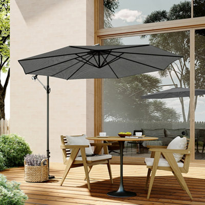 3M Large Rotatable Garden Sun Shade Cantilever Parasol Patio Hanging Banana Umbrella Crank Tilt No Base, Dark Grey