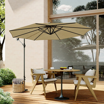 3M Large Rotatable Garden Sun Shade Cantilever Parasol Patio Hanging Banana Umbrella  Crank Tilt No Base, Khaki