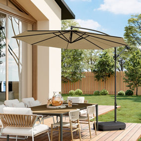 3M Large Rotatable Garden Sun Shade Cantilever Parasol Patio Hanging Banana Umbrella Crank Tilt with 60L Fillable Base, Khaki