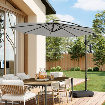 3M Large Rotatable Garden Sun Shade Cantilever Parasol Patio Hanging Banana Umbrella Crank Tilt with 60L Fillable Base, Light Grey