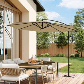 3M Large Rotatable Garden Sun Shade Cantilever Parasol Patio Hanging Banana Umbrella Crank Tilt with Cross Base, Khaki