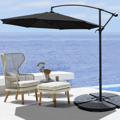 3M Large Rotatable Garden Sun Shade Cantilever Parasol Patio Hanging Banana Umbrella Crank Tilt with Fillable Base, Black