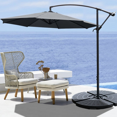 3M Large Rotatable Garden Sun Shade Cantilever Parasol Patio Hanging Banana Umbrella Crank Tilt with Fillable Base, Dark Grey