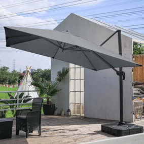 3M Large Square Canopy Rotatable Tilting Garden Rome Umbrella Cantilever Parasol with 100 L Fillable Base, Dark Grey