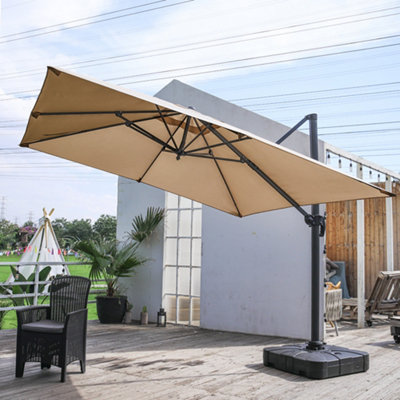 3M Large Square Canopy Rotatable Tilting Garden Rome Umbrella Cantilever Parasol with 100 L Fillable Base, Khaki