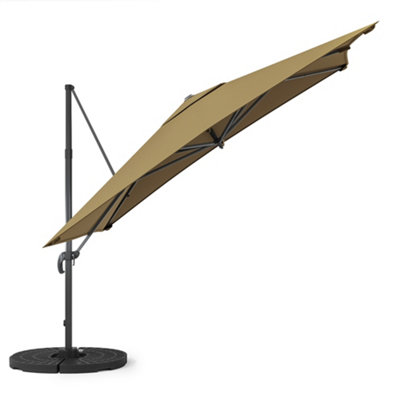 3M Large Square Canopy Rotatable Tilting Garden Rome Umbrella Cantilever Parasol With Fan Shaped Base, Khaki