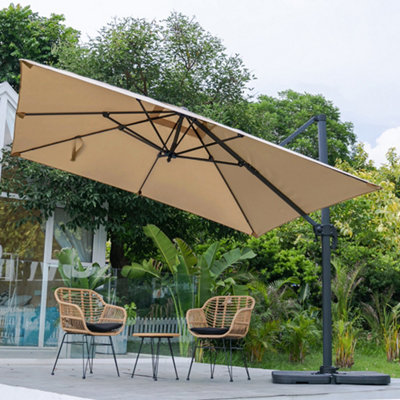 3M Large Square Canopy Rotatable Tilting Garden Rome Umbrella Cantilever Parasol with Square Fillable Base, Taupe