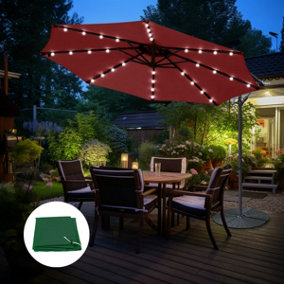 3m LED Garden Patio Banana Parasol Wine Red w/ Base Cover Umbrella Cantilever