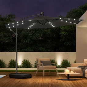 3M LED Lighted Large Garden Cantilever Parasol Outdoor Patio Banana Umbrella Crank Tilt with 60L Fillable Base, Dark Grey