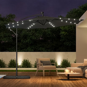 3M LED Lighted Large Garden Cantilever Parasol Outdoor Sun Shade Banana Umbrella Crank Tilt with Square Base, Dark Grey