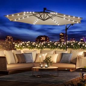 3M LED Lighted Large Garden Cantilever Patio Parasol Sun Shade Banana Umbrella Crank Tilt No Base, Beige