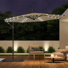 3M LED Lighted Large Garden Cantilever Patio Parasol Sun Shade Banana Umbrella Crank Tilt with Black Base, Beige