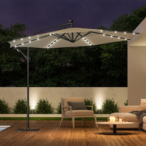 3M LED Lighted Large Garden Cantilever Patio Parasol Sun Shade Banana Umbrella Crank Tilt with Cross Base, Beige