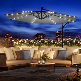3M LED Lighted Large Garden Patio Cantilever Parasol Outdoor Sun Shade Banana Umbrella Crank Tilt No Base, Dark Grey