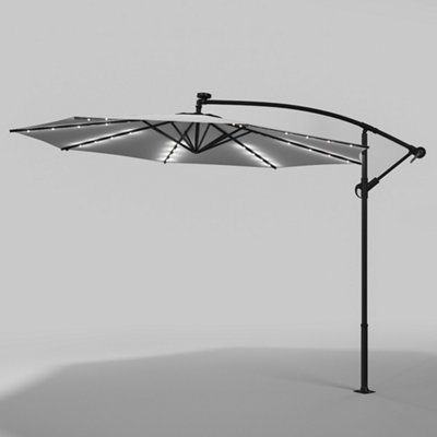 3M LED Lighted Large Garden Patio Cantilever Parasol Sun Shade Banana Umbrella Crank Tilt No Cross Base, Light Grey