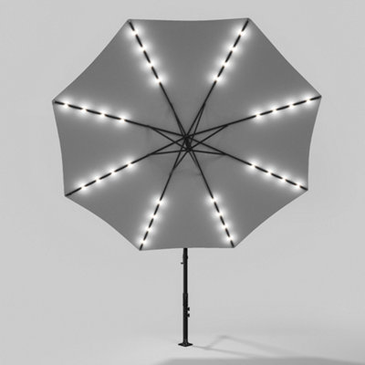 3M LED Lighted Large Garden Patio Cantilever Parasol Sun Shade Banana Umbrella Crank Tilt No Cross Base, Light Grey