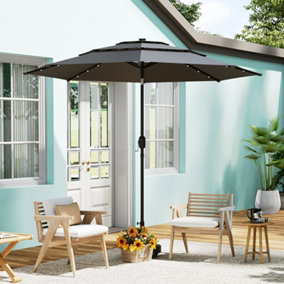 3m No Base Garden Metal Parasol with Solar Lights 3 Tier Patio Umbrella with Crank Dark Grey for Backyard
