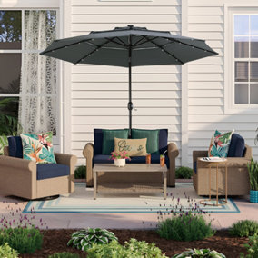 3m No Base Garden Metal Parasol with Solar Lights 3 Tier Patio Umbrella with Crank Dark Grey for Backyard