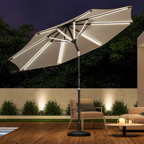 3M Solar Powered LED Lighted Large Garden Parasol Outdoor Patio Umbrella Crank Tilt with Round Base, Beige