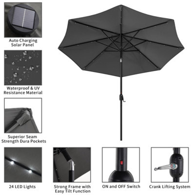 3M Tiltable Garden Parasol Outdoor Patio Sun Shade Umbrella with 24 Solar LED Lights Crank Tilt No Base, Dark Grey