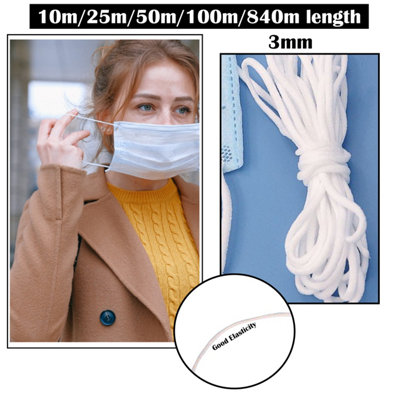 3mm Wide Soft Elastic Band, Thin Round Cord, Stretchy Elastic String, White - 25 metres