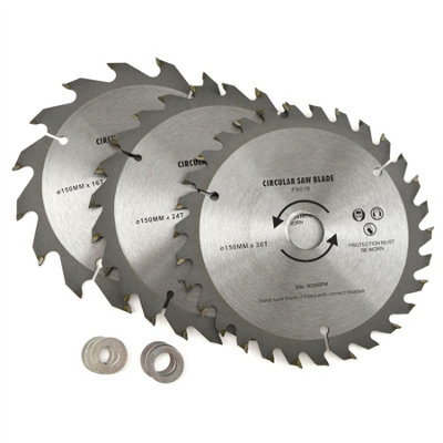 3pc 150mm TCT Circular Saw Blades 16/24/30 TPI & Adapter Rings Reducer