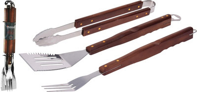 3pc BBQ Tools Set - Stainless Steel Spatula Fork Tongs With Extra Long Wooden Handles - High Quality - A Perfect Gift