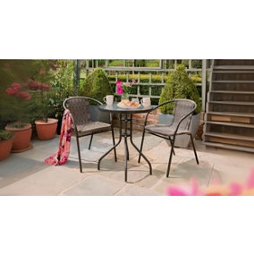3pc Bistro Set of Valencia Armchairs, Outdoor Patio Chairs And Steel Table with Tempered Glass Table Top