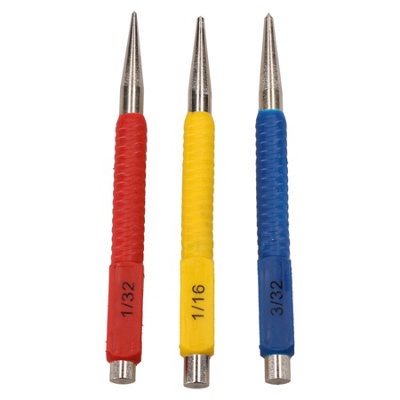 3pc Centre Punch Metal Nail Brads Dot Marking Set Colour Coded 1.5mm