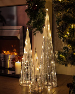 3pc Christmas Cone Tree with 90 LED Lights - Power Operated In-lit Silver Standing Light Up Xmas Floor Ornaments