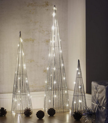 3pc Christmas Cone Tree with 90 LED Lights - Power Operated In-lit Silver Standing Light Up Xmas Floor Ornaments - 3
