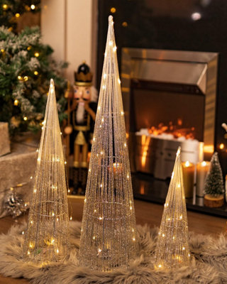 3pc Christmas Cone Tree with 90 LED Lights - Power Operated In-lit Silver Standing Light Up Xmas Floor Ornaments - 4