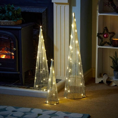 3pc Christmas Cone Tree with 90 LED Lights - Power Operated In-lit Silver Standing Light Up Xmas Floor Ornaments - 5