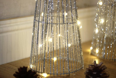 3pc Christmas Cone Tree with 90 LED Lights - Power Operated In-lit Silver Standing Light Up Xmas Floor Ornaments - 8
