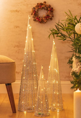 3pc Christmas Cone Tree with 90 LED Lights - Power Operated In-lit Silver Standing Light Up Xmas Floor Ornaments - 9