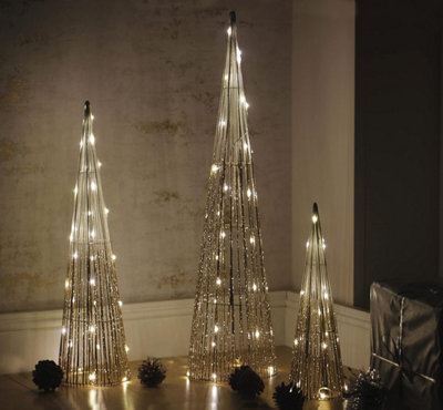 3pc Christmas Tree Decoration Cone Set Gold Pre-Lit LED Xmas Home Festive Decor