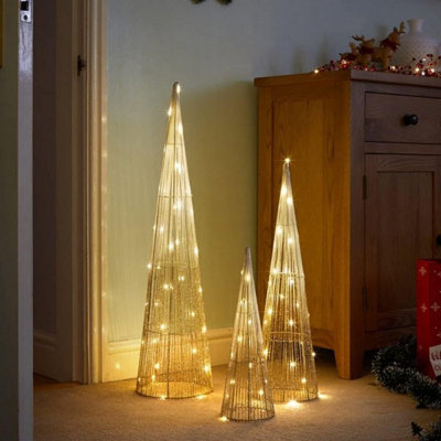 3pc Christmas Tree Decoration Cone Set Gold Pre-Lit LED Xmas Home Festive Decor