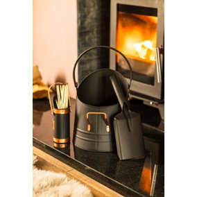 3pc Coal Bucket, Matchstick Canister & Shovel Fireside Set - Black & Copper