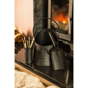3pc Coal Bucket, Matchstick Canister & Shovel Fireside Set - Black