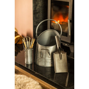 3pc Coal Bucket, Matchstick Canister & Shovel Fireside Set - Silver