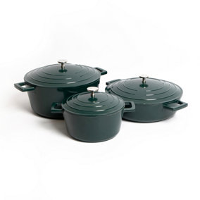 3pc Cookware Set of Hunter Green Non-Stick Cast Aluminium Casserole Dishes, 20cm/2.5L, 28cm/4L & 28cm/5L - Gift Boxed