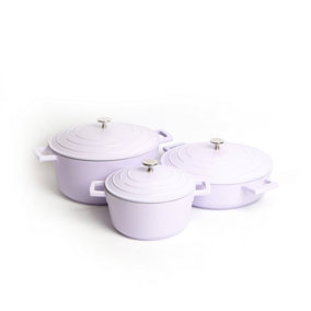 3pc Cookware Set of Lavender Non-Stick Cast Aluminium Casserole Dishes, 20cm/2.5L, 28cm/4L and 28cm/5L - Gift Boxed
