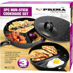 3pc Divided Non Stick Wonder Kitchen Cookware Chef Pot Set Home Breakfast Cooking Combo Multi Section Frying & Grill