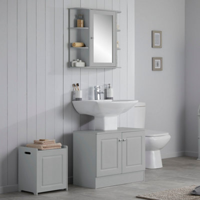 3pc Grey Bathroom Furniture Set Under Sink Mirrored
