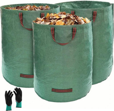 3pc Heavy Duty Garden Waste Bags with Gloves 272L Green Reusable Storage Trash