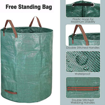 3pc Heavy Duty Garden Waste Bags with Gloves 272L Green Reusable Storage Trash